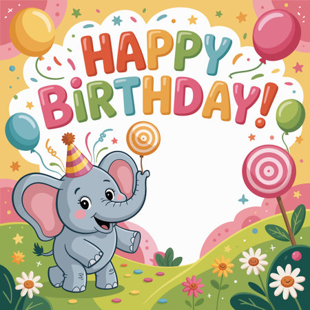 A cute cartoon elephant in a party hat holds a lollipop on a festive background with flowers.のイラスト素材