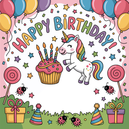 A happy birthday scene with a unicorn, cupcake, gifts, lollipops, and ladybugs on a pink background.のイラスト素材