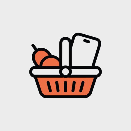 Orange shopping basket icon with smartphone and fruit on white background Scalable vector format ...のイラスト素材