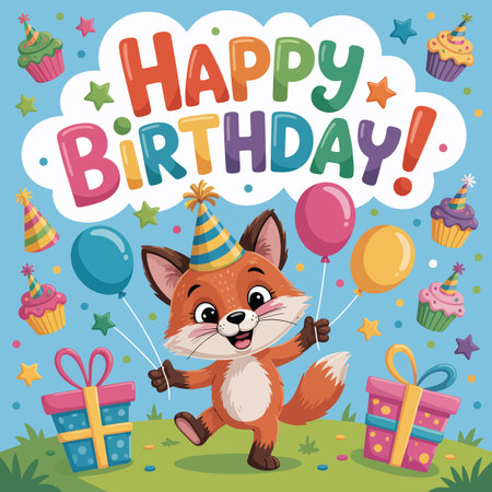 A happy cartoon fox with a party hat holds balloons and stands by gifts. Scalable vector format s...のイラスト素材