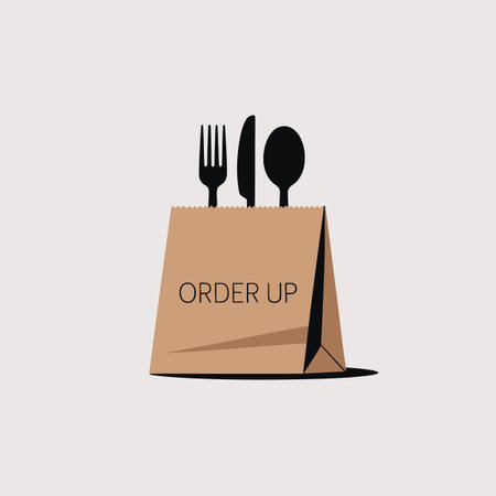 A brown paper bag with cutlery sticking out and the words Order Up. Scalable vector format suitab...のイラスト素材