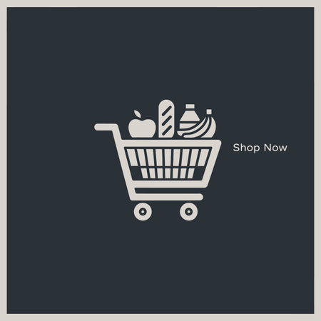 Shopping cart icon with groceries and "Shop Now" text on a muted background. Scalable vector form...のイラスト素材