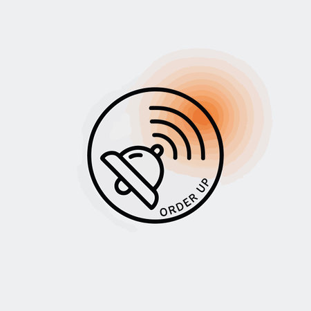 A simple line art icon of a bell with sound waves and an orange glow. Scalable vector format suit...
