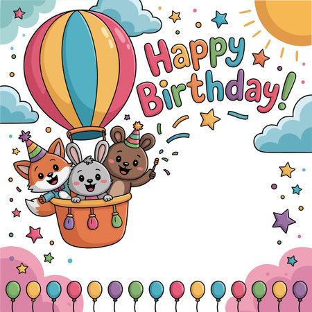 Vector rabbit featuring cute cartoon animals in a hot air balloon with happy birthday text...のイラスト素材