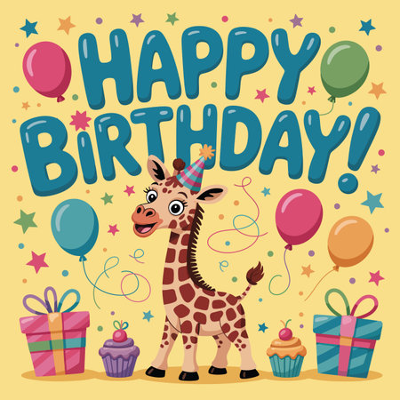 A giraffe in a party hat is surrounded by balloons, gifts, and cupcakes for a birthday.のイラスト素材