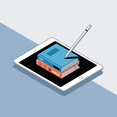 An isometric view of a tablet displaying a stack of books with a stylus pen. Scalable vector form...のイラスト素材