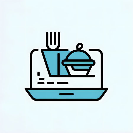 Laptop with dish and cutlery icon. Vector illustration.のイラスト素材