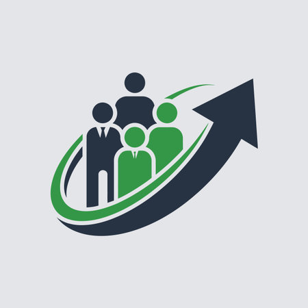 Stylized figures of a business team with an upward trending arrow and swoosh. Scalable vector for...のイラスト素材