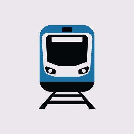 A blue and white train front icon with black details on a gray background. Scalable vector format...