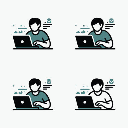 Four icons depicting a person working on a laptop with checkmarks indicating completion.のイラスト素材