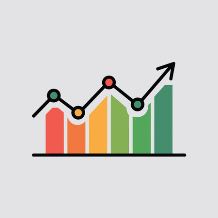 Colorful line graph with dots and rising bar chart on grey background. Scalable vector format sui...