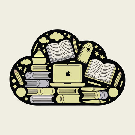 A black cloud shape filled with books, a laptop, pencils, and stars. Scalable vector format suita...のイラスト素材