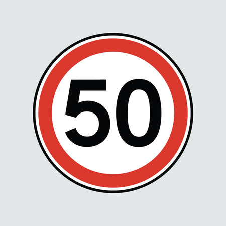 A circular speed limit 50 sign with a red border on a grey background. Scalable vector format sui...のイラスト素材