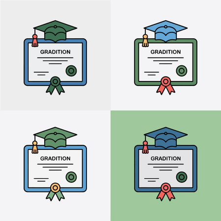 Four graduation certificates with caps and ribbons in different color combinations.のイラスト素材