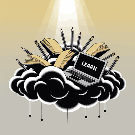 Laptop, books and pencils on the cloud. Vector illustrationのイラスト素材