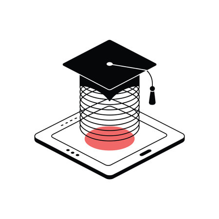 Isometric tablet with graduation cap on a coil and red circle. Scalable vector format suitable fo...のイラスト素材