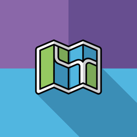 Icon of a folded map with green and blue panels on a split background. Scalable vector format sui...のイラスト素材