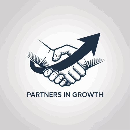 A stylized illustration of a handshake with an upward arrow and text Partners in Growth.のイラスト素材