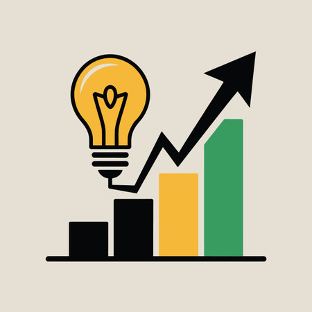 A lightbulb sits above a bar graph showing an upward trending arrow indicating growth.のイラスト素材