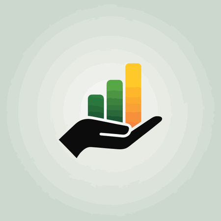 A black hand holds a bar chart with green and orange bars trending upward. Scalable vector format...のイラスト素材
