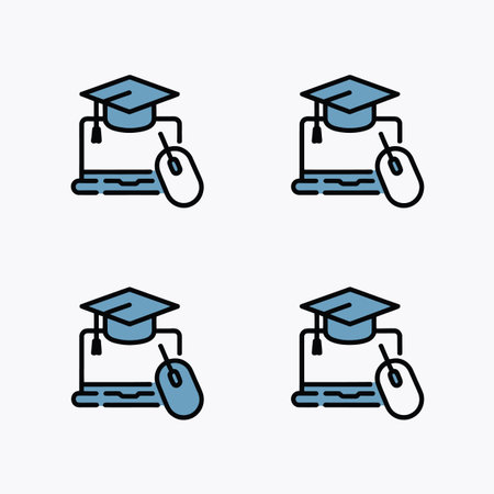 Vector information featuring four graduation cap and mouse icons with laptop screens keywords:...のイラスト素材