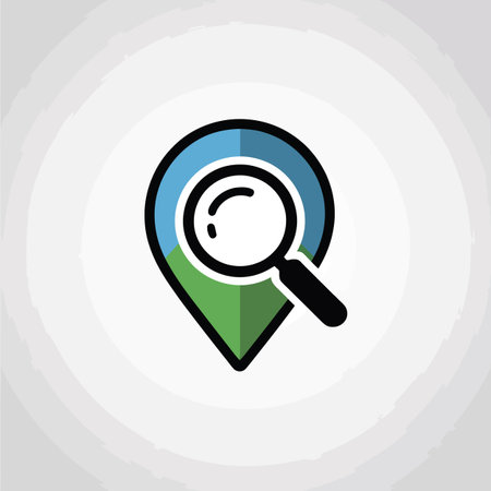 A location pin icon with a magnifying glass on a textured background. Scalable vector format suit...のイラスト素材