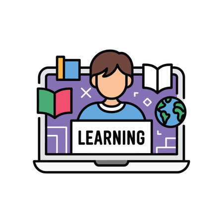 Vector student featuring laptop screen shows " learning" with a person, globe, and books...のイラスト素材