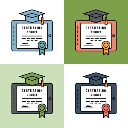 Four colorful graduation certificates with caps displayed on tablets. Scalable vector format suit...のイラスト素材