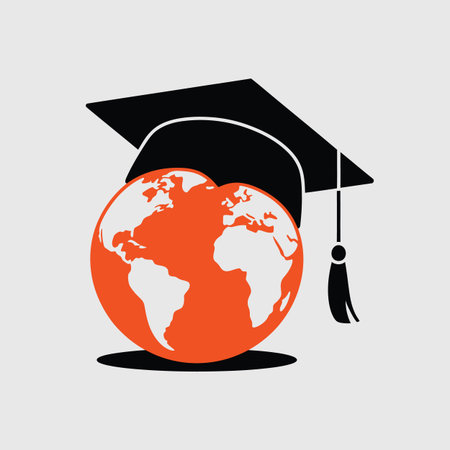A black graduation cap is placed on an orange and white globe icon. Scalable vector format suitab...のイラスト素材