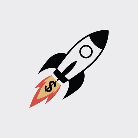 A stylized rocket with a dollar sign in its orange and yellow exhaust on a light gray background.のイラスト素材