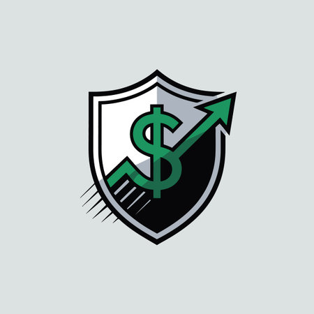 A shield icon with a dollar sign and a green upward arrow with motion lines. Scalable vector form...のイラスト素材