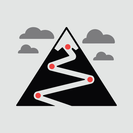 A black mountain with a white winding path and red markers leading to an upward arrow summit.のイラスト素材