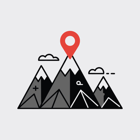 Vector travel featuring mountain peaks with red location pin and clouds keywords: mountains,...のイラスト素材
