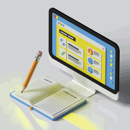 An open notebook with a pencil lies next to a computer displaying a website. Scalable vector form...のイラスト素材