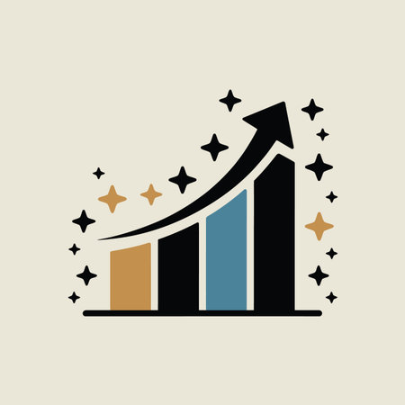 Stylized bar chart with rising arrow and scattered stars on a light beige background.のイラスト素材