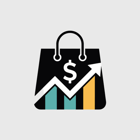 Vector commerce featuring shopping bag with upward trend graph and dollar sign keywords:...のイラスト素材