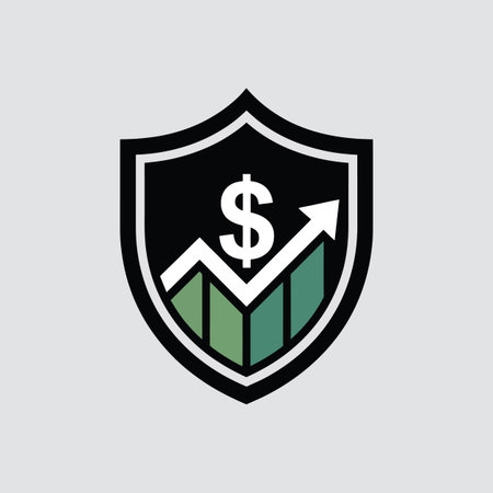 A shield icon with a dollar sign and green upward trending growth bars. Scalable vector format su...のイラスト素材