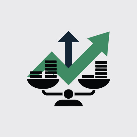 Scales balancing stacks of coins with upward growth arrows above. Scalable vector format suitable...のイラスト素材