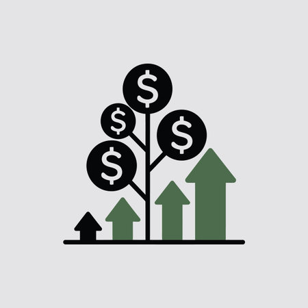 A minimalist tree with dollar coins and upward pointing arrows represents financial growth.のイラスト素材