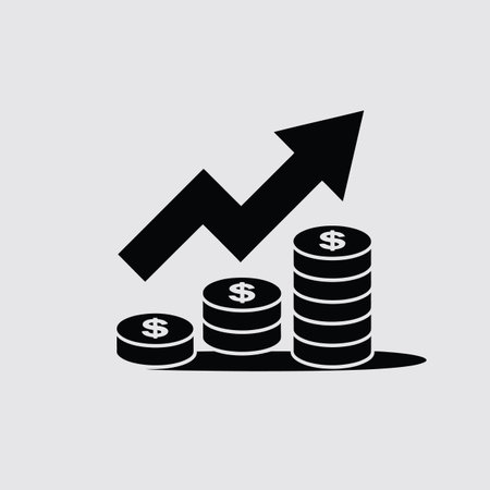 Three stacks of coins with dollar signs and a black upward trending arrow. Scalable vector format...のイラスト素材
