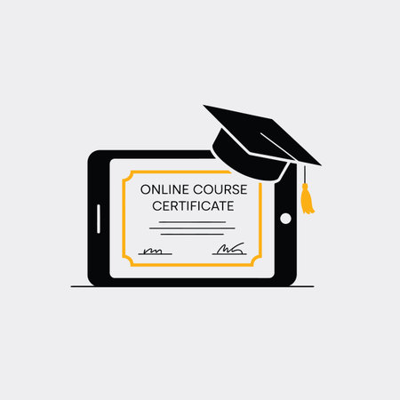 Tablet displays an online course certificate with a graduation cap on top. Scalable vector format...のイラスト素材