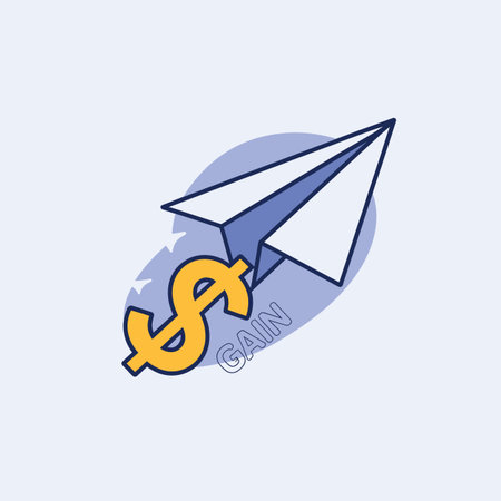 A white paper airplane carries a yellow dollar sign and the word "Gain" on a blue oval.のイラスト素材