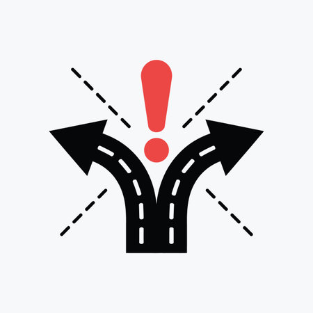 Forking road with arrows and an exclamation mark symbolizing a decision. Scalable vector format s...のイラスト素材