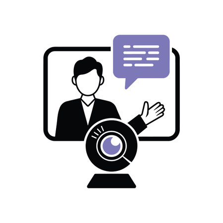 A man is shown on a computer screen with a webcam and a chat bubble. Scalable vector format suita...のイラスト素材
