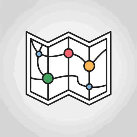 A folded map with colorful dots and connecting lines on a grey textured background.のイラスト素材