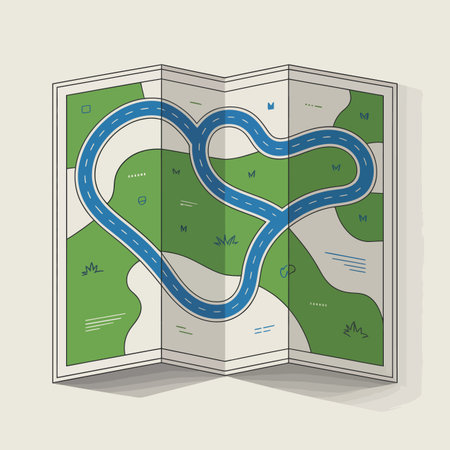 Vector travel featuring folded map with heart-shaped blue road and green landscape keywords:...のイラスト素材