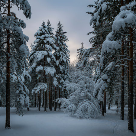Tall pine trees are heavily laden with snow in a serene winter forest landscape. Clear details an...の写真素材