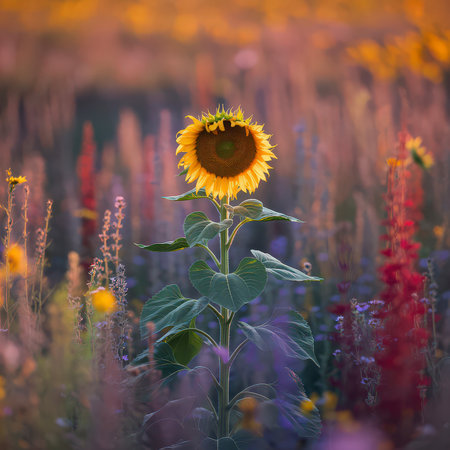 A solitary sunflower stands tall in a vibrant field of wildflowers during the golden hour.の写真素材