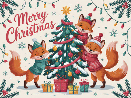 Three cartoon foxes in sweaters and hats decorating a Christmas tree with ornaments and garlandの写真素材