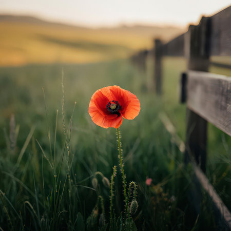 Field showing single vibrant red poppy flower in a grassy field at sunsetの写真素材